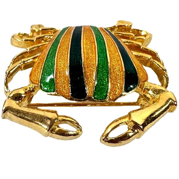 Whimsy Crab Pin Brooch Gold Tone Blue Green Shimmer Enamel Summer Fash Figural - Picture 4 of 7